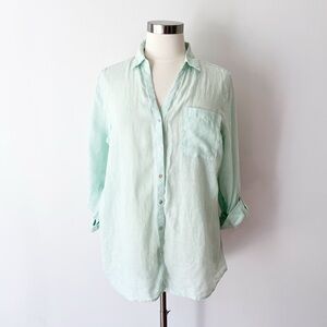 Sigrid Olsen 100% Linen Shirt in Pale Blue Mint, Button‎ Up Relaxed Fit Summer